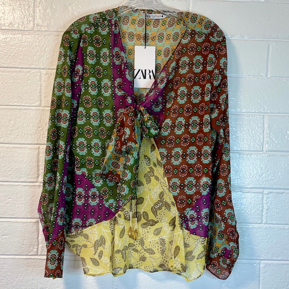 Zara Multicolor Boho Patchwork Blouse NWT size XL  with bow & beaded detail - Picture 8 of 16